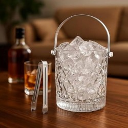 900 ML Glass Ice Bucket with Steel Handle and Tong, Wine Cooler, Champagne Beer Cooling Container