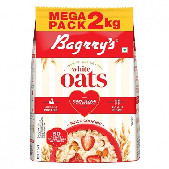 Bagrry's White Oats 2kg | Premium Whole Grain Oats | High Fibre & Protein | Non-GMO & No Added Preservatives | Supports Weight Management & Heart Health | Healthy & Natural Instant Breakfast Cereal