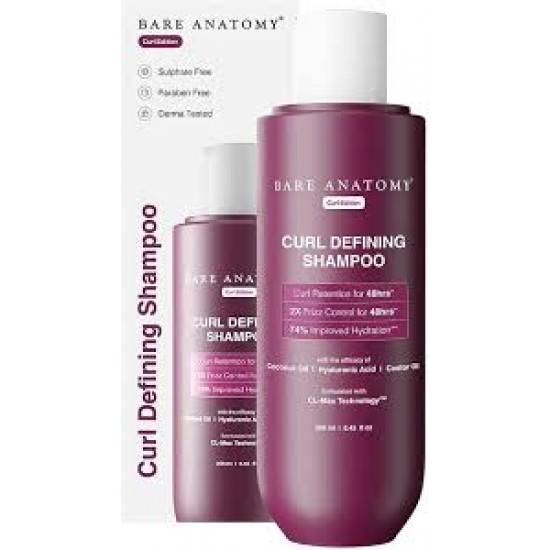 Bare Anatomy Curl Defining Shampoo | Curl Retention & 2X Frizz Protection For 48 Hours | Powered By Coconut Oil, Hyaluronic Acid & Castor Oil | Sulphate & Paraben Free | Women & Men | 250 ml