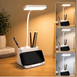 FLYNGO Plastic 3 Color Mode Led Study Table Desk Lamp For Students With Pen and Phone Holder, Rechargeable Touch