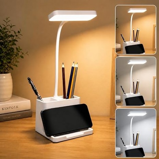 FLYNGO Plastic 3 Color Mode Led Study Table Desk Lamp For Students With Pen and Phone Holder, Rechargeable Touch