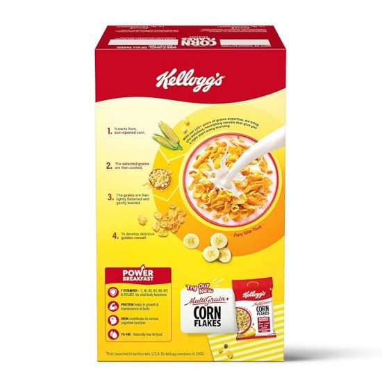 Kellogg's Corn Flakes Original 475g | Power of 5: Energy, Protein, Iron, Calcium, Vitamins B1, B2, B3 & C | Corn Flakes, Breakfast Cereal | Naturally Cholestrol Free