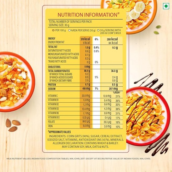 Kellogg's Corn Flakes Original 475g | Power of 5: Energy, Protein, Iron, Calcium, Vitamins B1, B2, B3 & C | Corn Flakes, Breakfast Cereal | Naturally Cholestrol Free