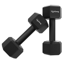 Lifelong PVC Hex Dumbbells Pack of 2 (5kg*2) Black Color for Home Gym Equipment Fitness Barbell|Gym Exercise|Home Workout,