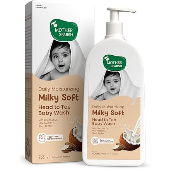 Mother Sparsh Milky Soft Head to Toe Baby Wash & Baby Shampoo-400ml with Milk Protein & Shea Butter | Ph balanced & Paraben free 2 in 1 Moisturizing Natural Baby Body Wash & Shampoo