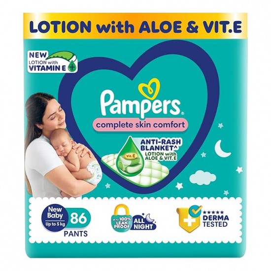 Pampers Complete Skin Comfort Pants, (NB,XS) 86 Count Anti-Rash Blanket, Lotion with Vitamin E & Aloe Vera, New Born, Extra Small Size Baby Diapers, Upto 5kg